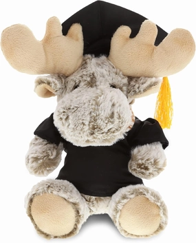 DolliBu Sitting Moose Graduation Plush Toy - Soft Graduation Stuffed Animal Dress Up with Gown & Cap with Tassel Outfit with Personalization - 11" Inches