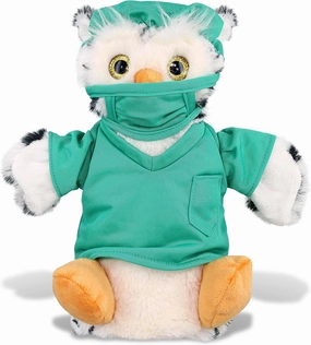 DolliBu White Owl Super Soft Plush Hand Puppet Doctor Toy - Super Soft Owl Doctor Stuffed Animal Dress with Scrub Uniform and Cap Outfit - Fluffy Doctor Toy Plush - 9.5 Inch