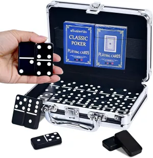 Dominos Set for Adults - Dominoes - Domino Classic Board Games, Christmas Games – Double Six Standard Dominos Set 28 Tiles with Black Leather Case - Juegos de Mesa (Black Aluminum Case)