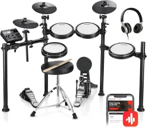 Donner DED-200 Electric Drum Sets with Quiet Mesh Drum Pads, 2 Cymbals w/Choke, 31 Kits and 450  Sounds, Throne, Headphones, Sticks, USB MIDI, Melodics Lessons (5 Pads, 3 Cymbals)