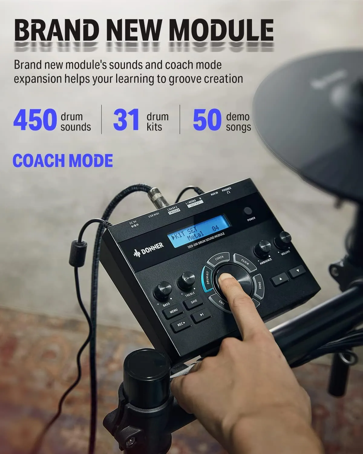 Donner DED-200 Electric Drum Sets with Quiet Mesh Drum Pads, 2 Cymbals w/Choke, 31 Kits and 450  Sounds, Throne, Headphones, Sticks, USB MIDI, Melodics Lessons (5 Pads, 3 Cymbals)