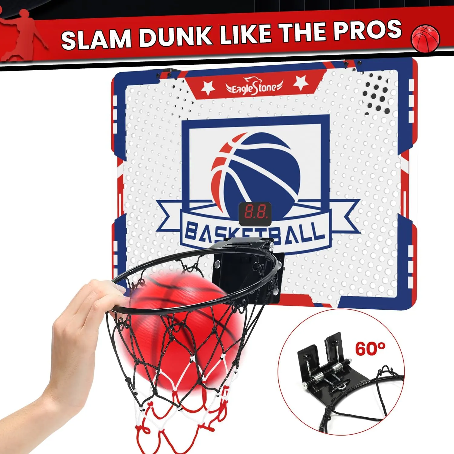 EagleStone Kids Indoor Basketball Hoop, 4 Balls Mini Basketball Toy for Toddlers, with Electronic Scoreboard Over The Door Room Wall Basketball Hoop Goal Boys Girls Gift for Age 3 4 5 6 7 8 9 10