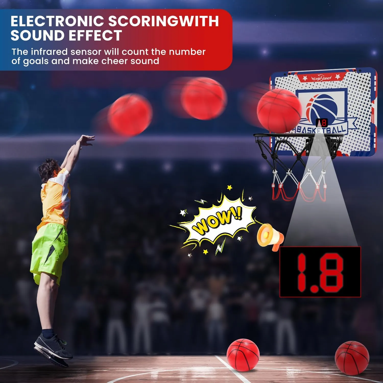 EagleStone Kids Indoor Basketball Hoop, 4 Balls Mini Basketball Toy for Toddlers, with Electronic Scoreboard Over The Door Room Wall Basketball Hoop Goal Boys Girls Gift for Age 3 4 5 6 7 8 9 10