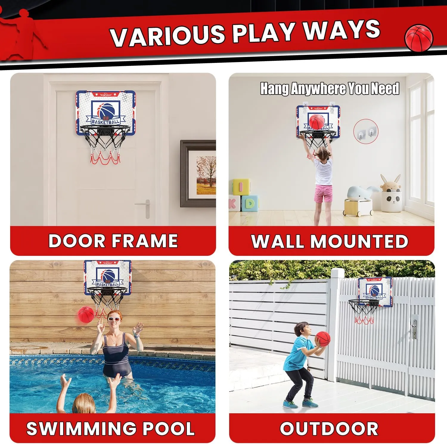 EagleStone Kids Indoor Basketball Hoop, 4 Balls Mini Basketball Toy for Toddlers, with Electronic Scoreboard Over The Door Room Wall Basketball Hoop Goal Boys Girls Gift for Age 3 4 5 6 7 8 9 10