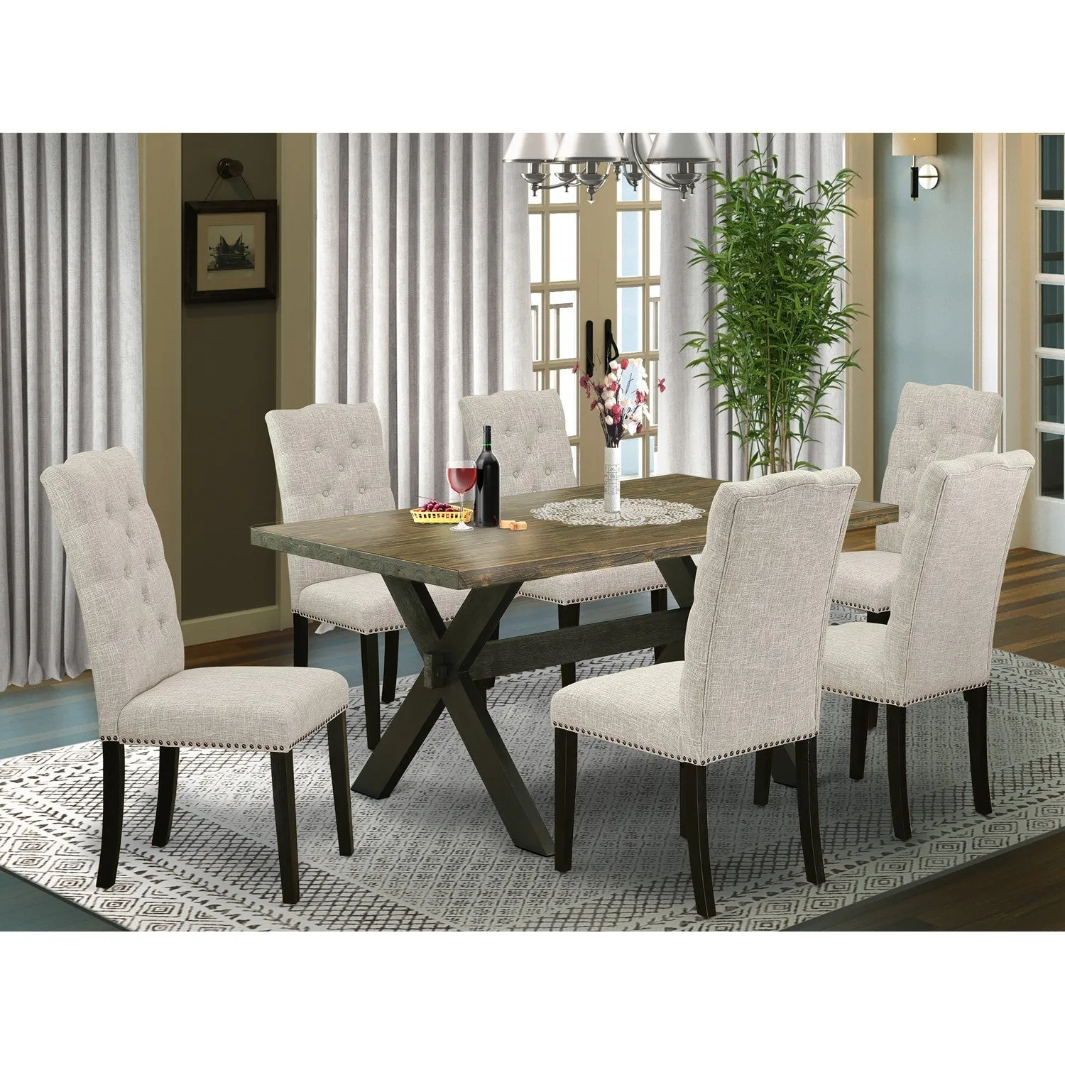 East West Furniture X676EL635-7 7 Piece Kitchen Table Set Consist of a Rectangle Dining Table with X-Legs and 6 Doeskin Linen Fabric Parsons Dining Chairs, 36x60 Inch, Multi-Color