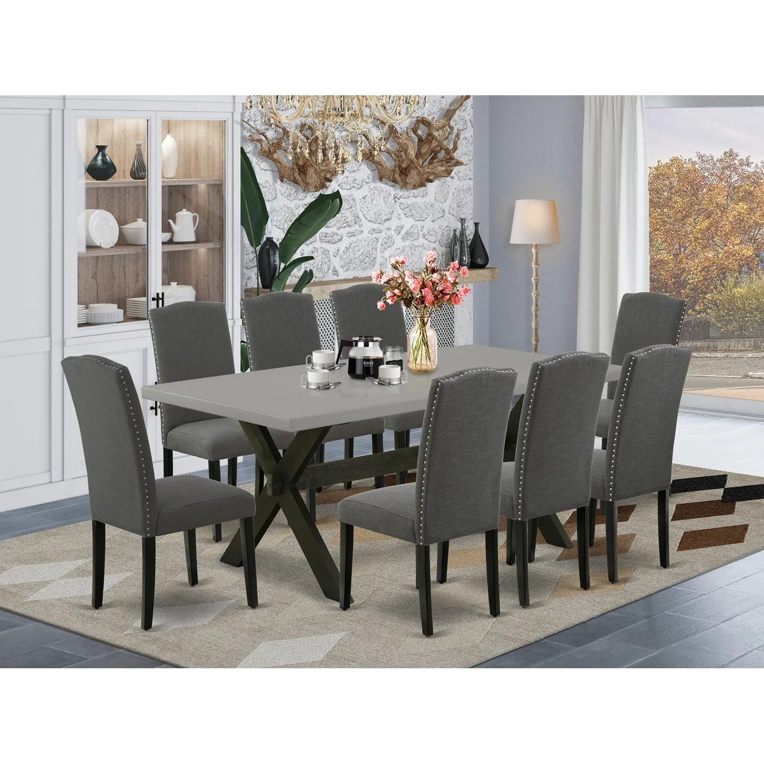 East West Furniture X697EN120-9 9 Piece Dining Room Set Includes a Rectangle Kitchen Table with X-Legs and 8 Dark Gotham Linen Fabric Parsons Dining Chairs, 40x72 Inch, Multi-Color