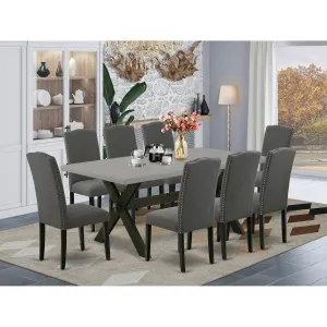 East West Furniture X697EN120-9 9 Piece Dining Room Set Includes a Rectangle Kitchen Table with X-Legs and 8 Dark Gotham Linen Fabric Parsons Dining Chairs, 40x72 Inch, Multi-Color