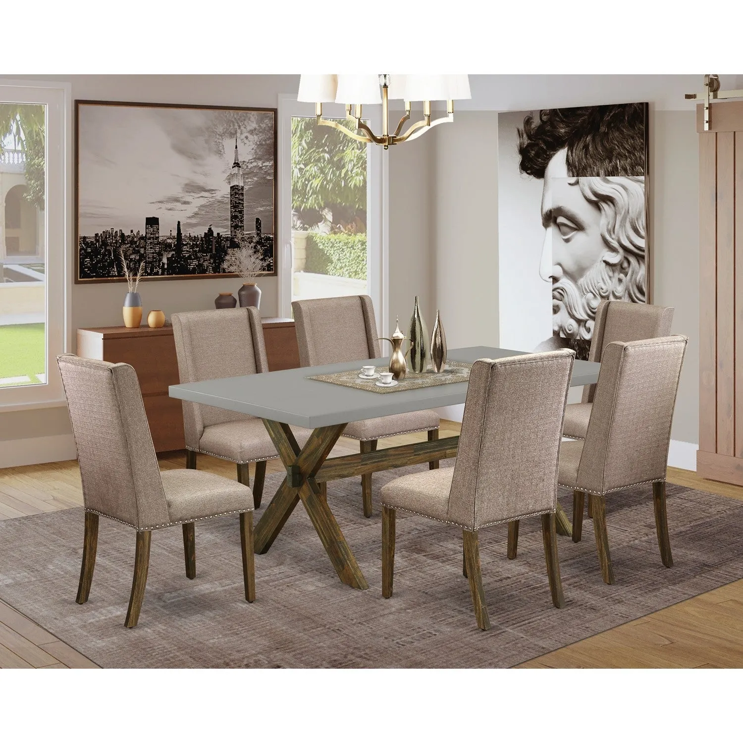 East West Furniture X797FL716-7 7 Piece Dining Table Set Consist of a Rectangle Kitchen Table with X-Legs and 6 Dark Khaki Linen Fabric Upholstered Chairs, 40x72 Inch, Multi-Color