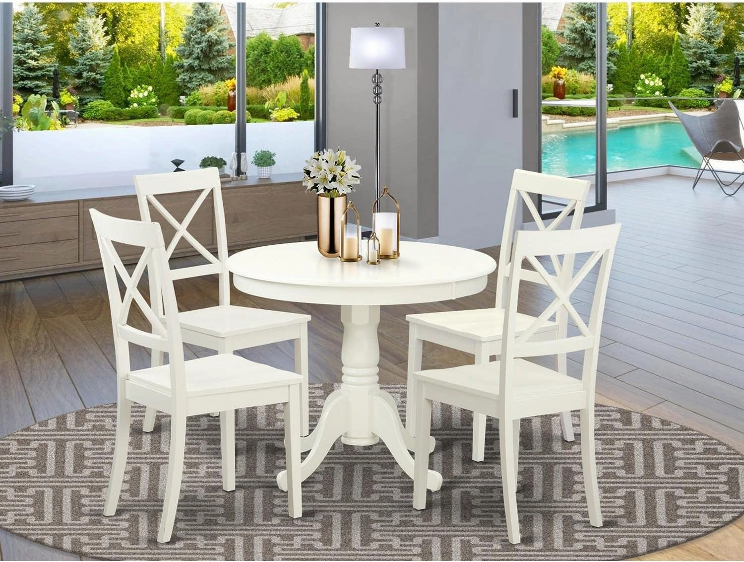 East West Furniture ANBO5-LWH-W 5 Piece Dinette Set for 4 Includes a Round Kitchen Table with Pedestal and 4 Dining Chairs, 36x36 Inch, Linen White