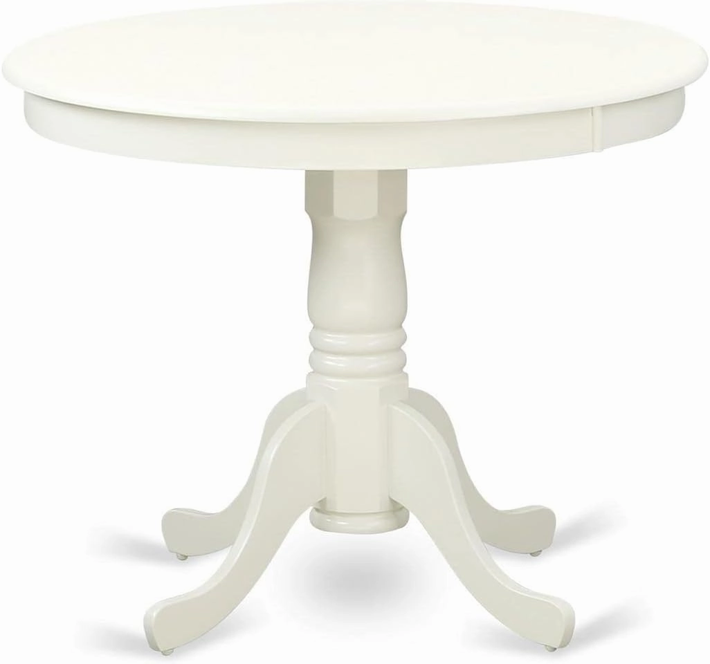 East West Furniture ANBO5-LWH-W 5 Piece Dinette Set for 4 Includes a Round Kitchen Table with Pedestal and 4 Dining Chairs, 36x36 Inch, Linen White