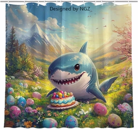 Easter Shark Shower Curtain 72 x 72 Inches, Easter Happiness Shark in Garden Scene with Cake, Spring Floral Shower Curtain Set with 12 Hooks for Bathroom Decor