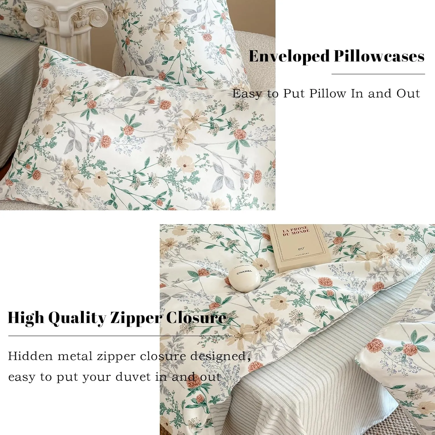 EAVD Garden Style Botanical Floral Duvet Cover Queen Soft 100% Cotton Chic Cute Floral Leaves Pattern Bedding Set with 2 Pillowcases Fresh Botanical Comforter Cover with Zipper Closure