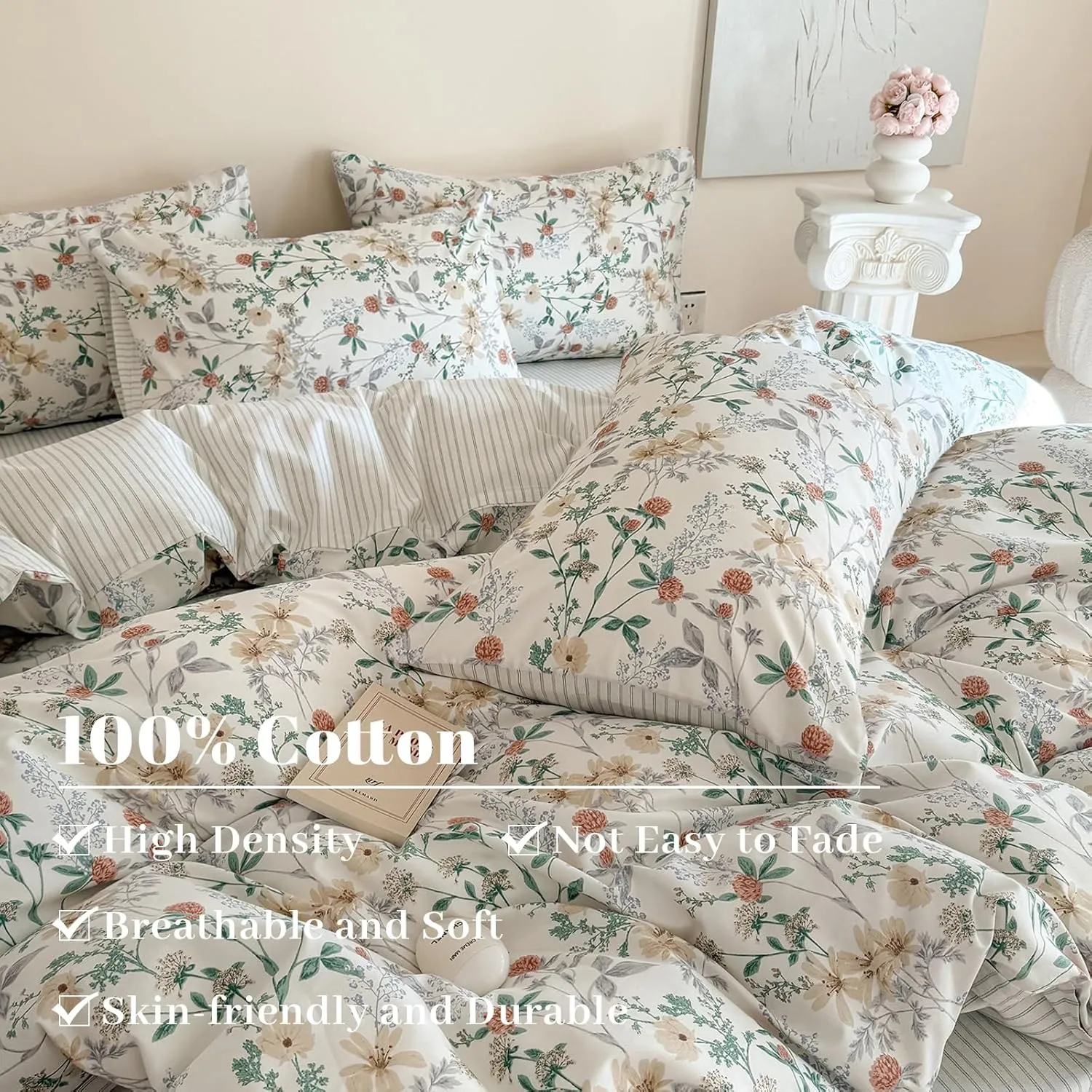 EAVD Garden Style Botanical Floral Duvet Cover Queen Soft 100% Cotton Chic Cute Floral Leaves Pattern Bedding Set with 2 Pillowcases Fresh Botanical Comforter Cover with Zipper Closure