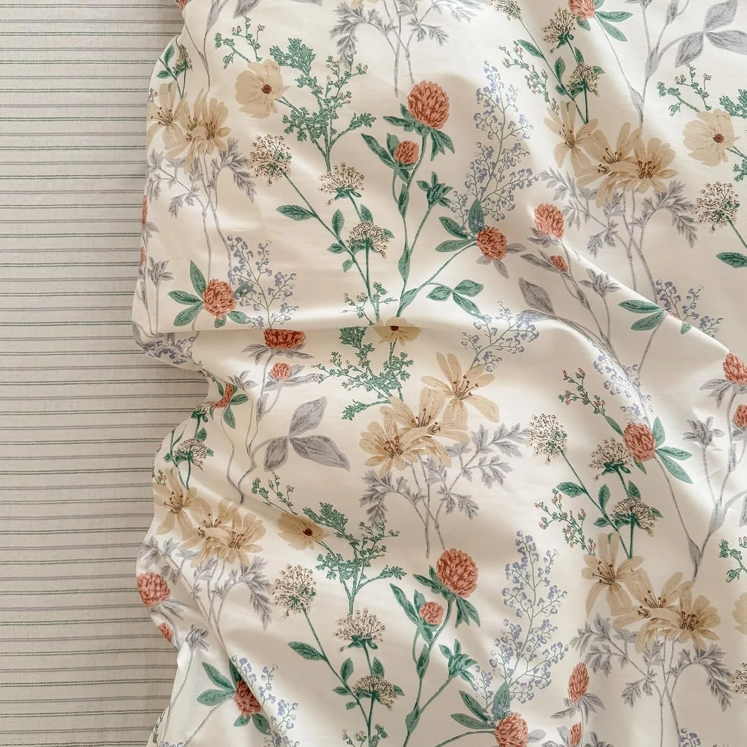 EAVD Garden Style Botanical Floral Duvet Cover Queen Soft 100% Cotton Chic Cute Floral Leaves Pattern Bedding Set with 2 Pillowcases Fresh Botanical Comforter Cover with Zipper Closure