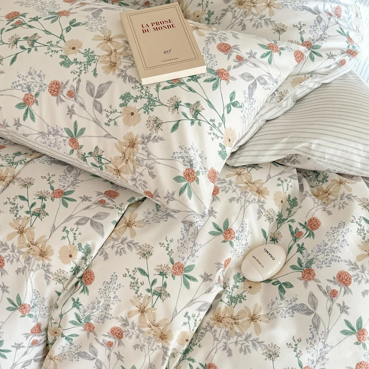 EAVD Garden Style Botanical Floral Duvet Cover Queen Soft 100% Cotton Chic Cute Floral Leaves Pattern Bedding Set with 2 Pillowcases Fresh Botanical Comforter Cover with Zipper Closure