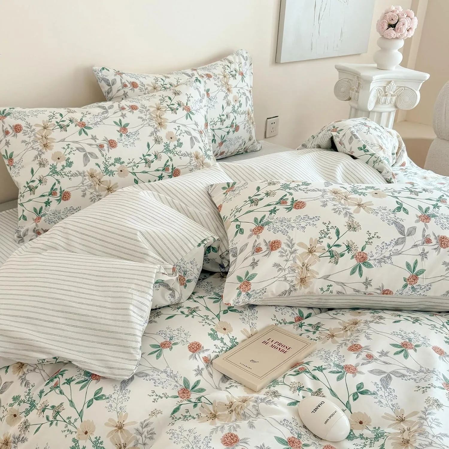 EAVD Garden Style Botanical Floral Duvet Cover Queen Soft 100% Cotton Chic Cute Floral Leaves Pattern Bedding Set with 2 Pillowcases Fresh Botanical Comforter Cover with Zipper Closure