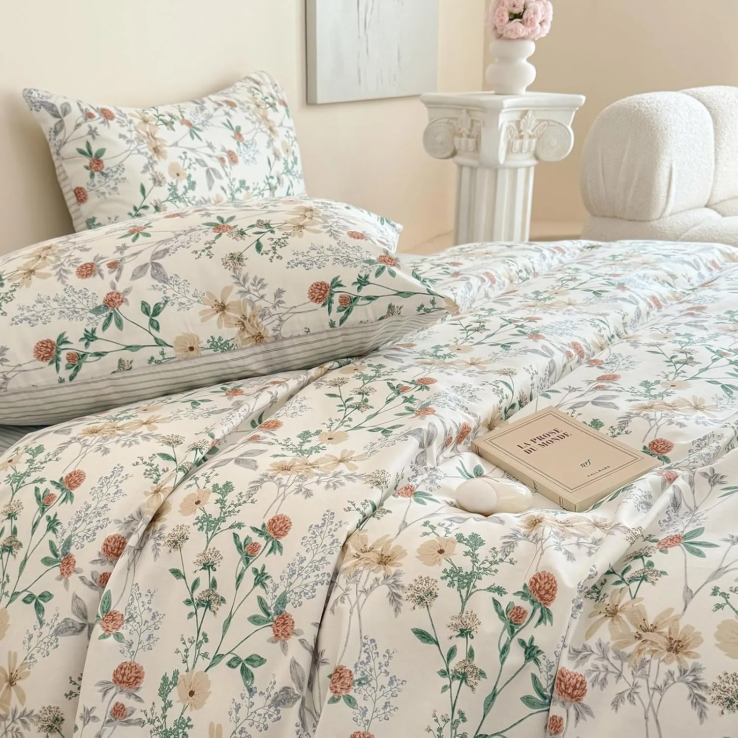 EAVD Garden Style Botanical Floral Duvet Cover Queen Soft 100% Cotton Chic Cute Floral Leaves Pattern Bedding Set with 2 Pillowcases Fresh Botanical Comforter Cover with Zipper Closure