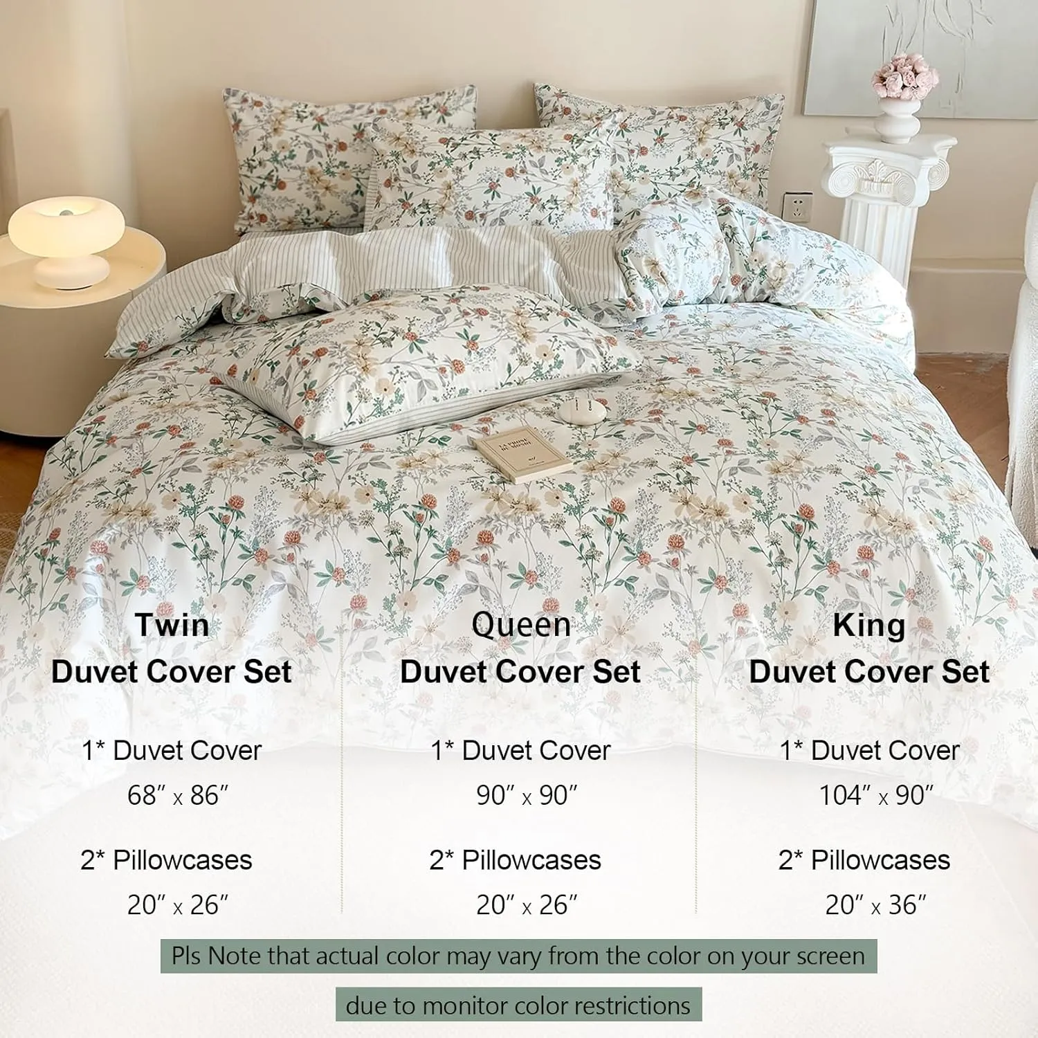 EAVD Garden Style Botanical Floral Duvet Cover Queen Soft 100% Cotton Chic Cute Floral Leaves Pattern Bedding Set with 2 Pillowcases Fresh Botanical Comforter Cover with Zipper Closure