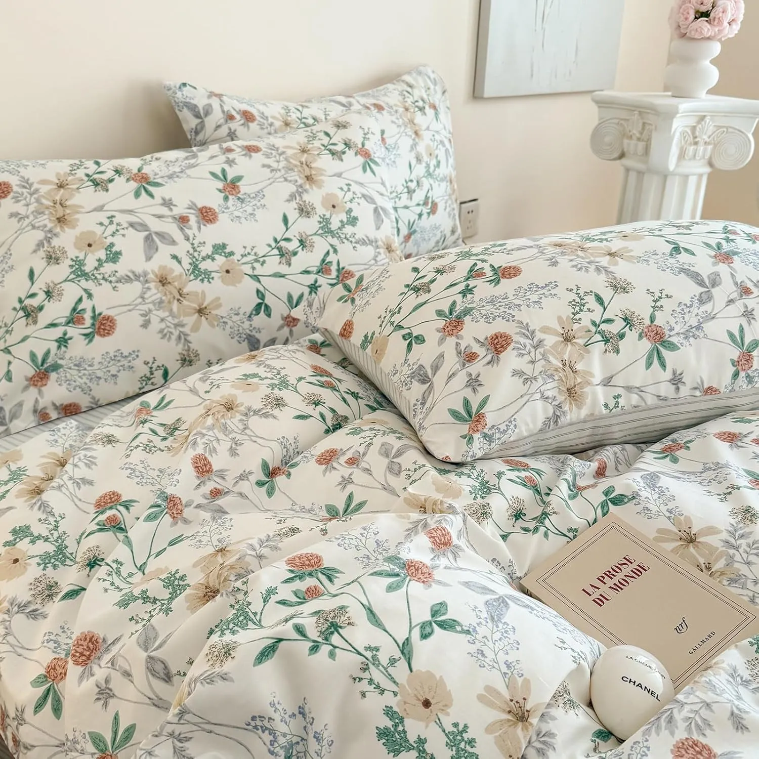 EAVD Garden Style Botanical Floral Duvet Cover Queen Soft 100% Cotton Chic Cute Floral Leaves Pattern Bedding Set with 2 Pillowcases Fresh Botanical Comforter Cover with Zipper Closure