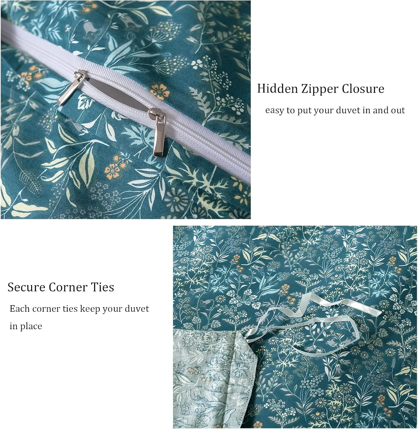 EAVD Reversible Botanical Floral Duvet Cover Queen Soft Cotton Flower Pattern Blue Duvet Cover with 2 Pillowcases Chic Shabby Garden Floral Comforter Set for Girls Women