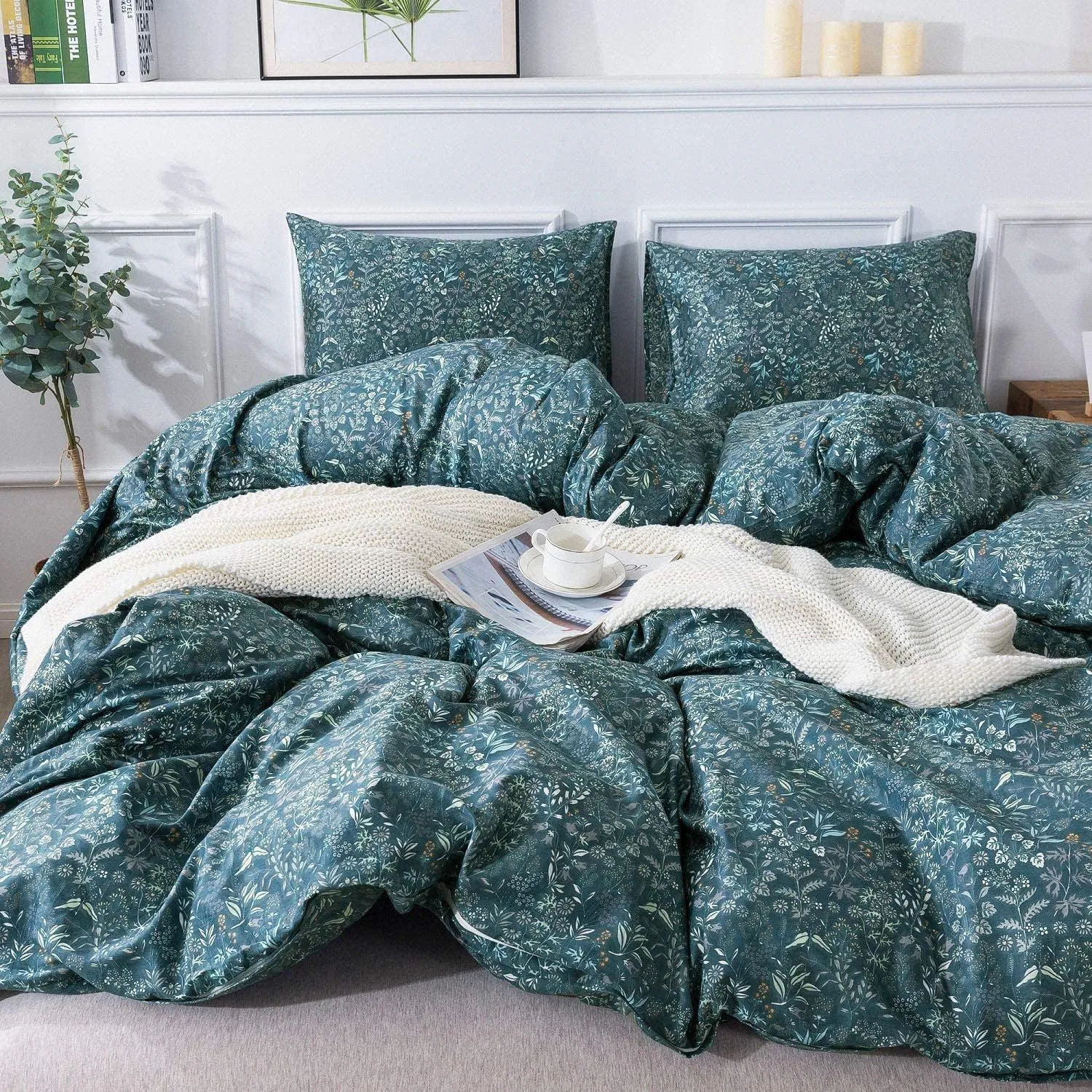 EAVD Reversible Botanical Floral Duvet Cover Queen Soft Cotton Flower Pattern Blue Duvet Cover with 2 Pillowcases Chic Shabby Garden Floral Comforter Set for Girls Women