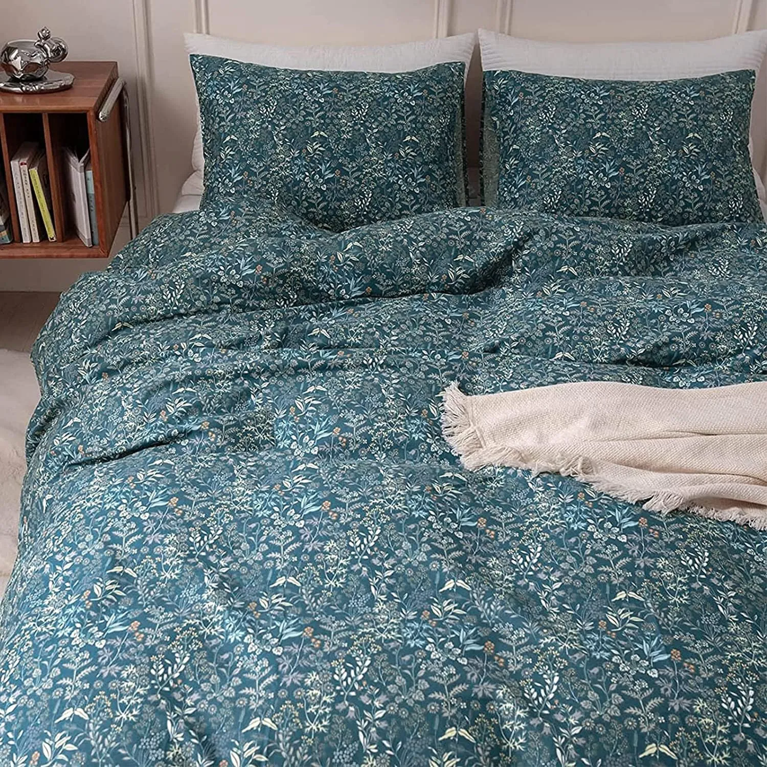 EAVD Reversible Botanical Floral Duvet Cover Queen Soft Cotton Flower Pattern Blue Duvet Cover with 2 Pillowcases Chic Shabby Garden Floral Comforter Set for Girls Women