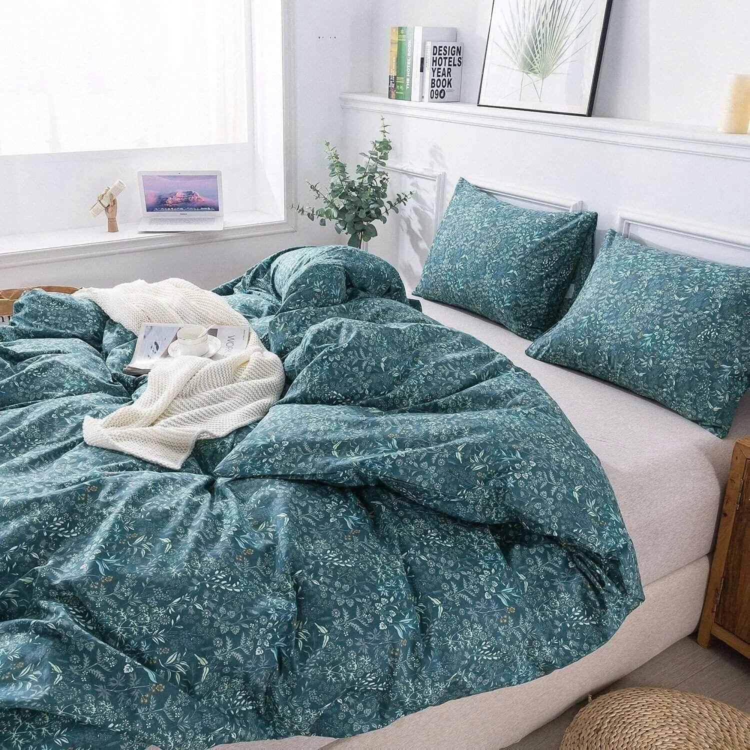 EAVD Reversible Botanical Floral Duvet Cover Queen Soft Cotton Flower Pattern Blue Duvet Cover with 2 Pillowcases Chic Shabby Garden Floral Comforter Set for Girls Women