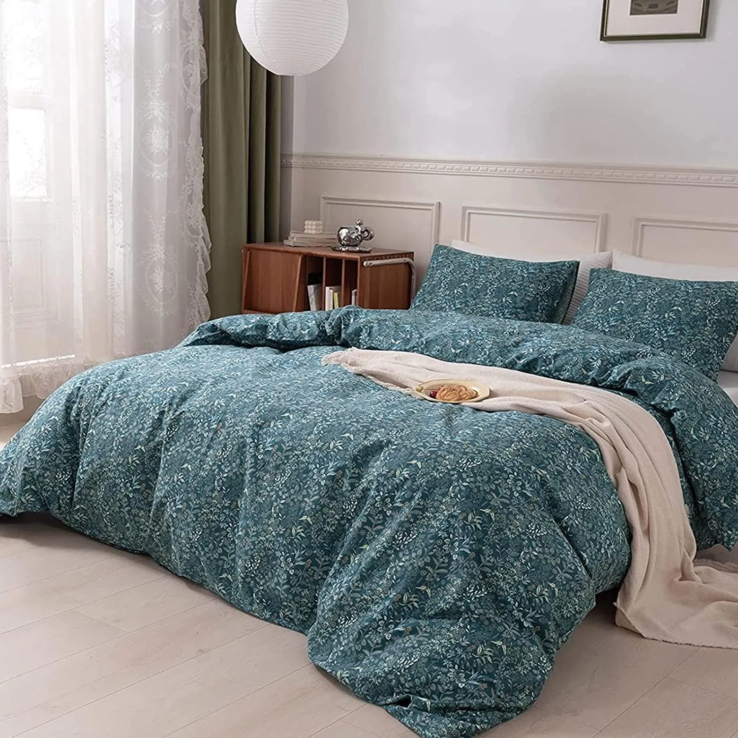 EAVD Reversible Botanical Floral Duvet Cover Queen Soft Cotton Flower Pattern Blue Duvet Cover with 2 Pillowcases Chic Shabby Garden Floral Comforter Set for Girls Women