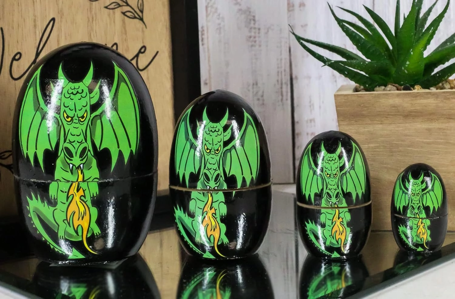 Ebros 5 Piece Set Fantasy Underworld Nesting Dolls Matroyshka Babushka Wooden Figurines 3.75" Tall Ossuary Macabre Halloween Accent Statues (Medieval Green Fiery Dragon)