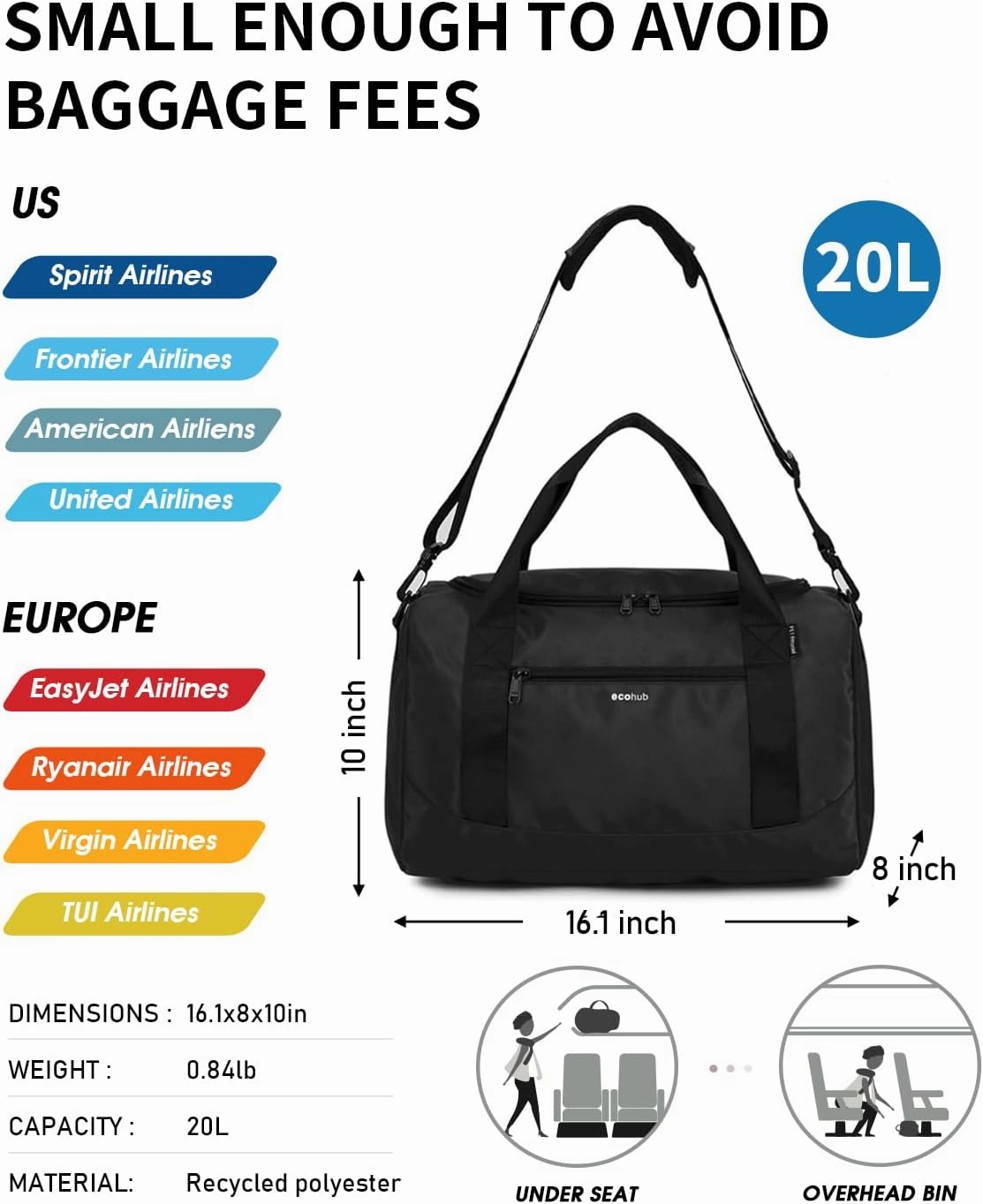 ECOHUB 16'' Personal Item Bag Mini Duffel Bag Small Travel Bag Underseat Carry on Bag for United Airlines Gym Bag for Women and Men