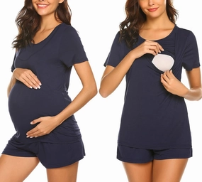 Ekouaer Maternity Nursing Pajamas Set Short Sleeve Breastfeeding Sleepwear Double Layer Postpartum Top and Shorts Set