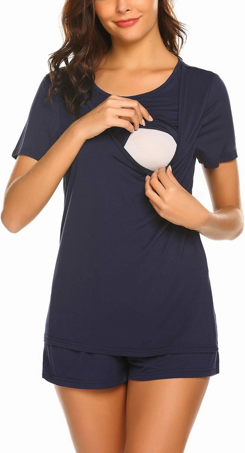 Ekouaer Maternity Nursing Pajamas Set Short Sleeve Breastfeeding Sleepwear Double Layer Postpartum Top and Shorts Set