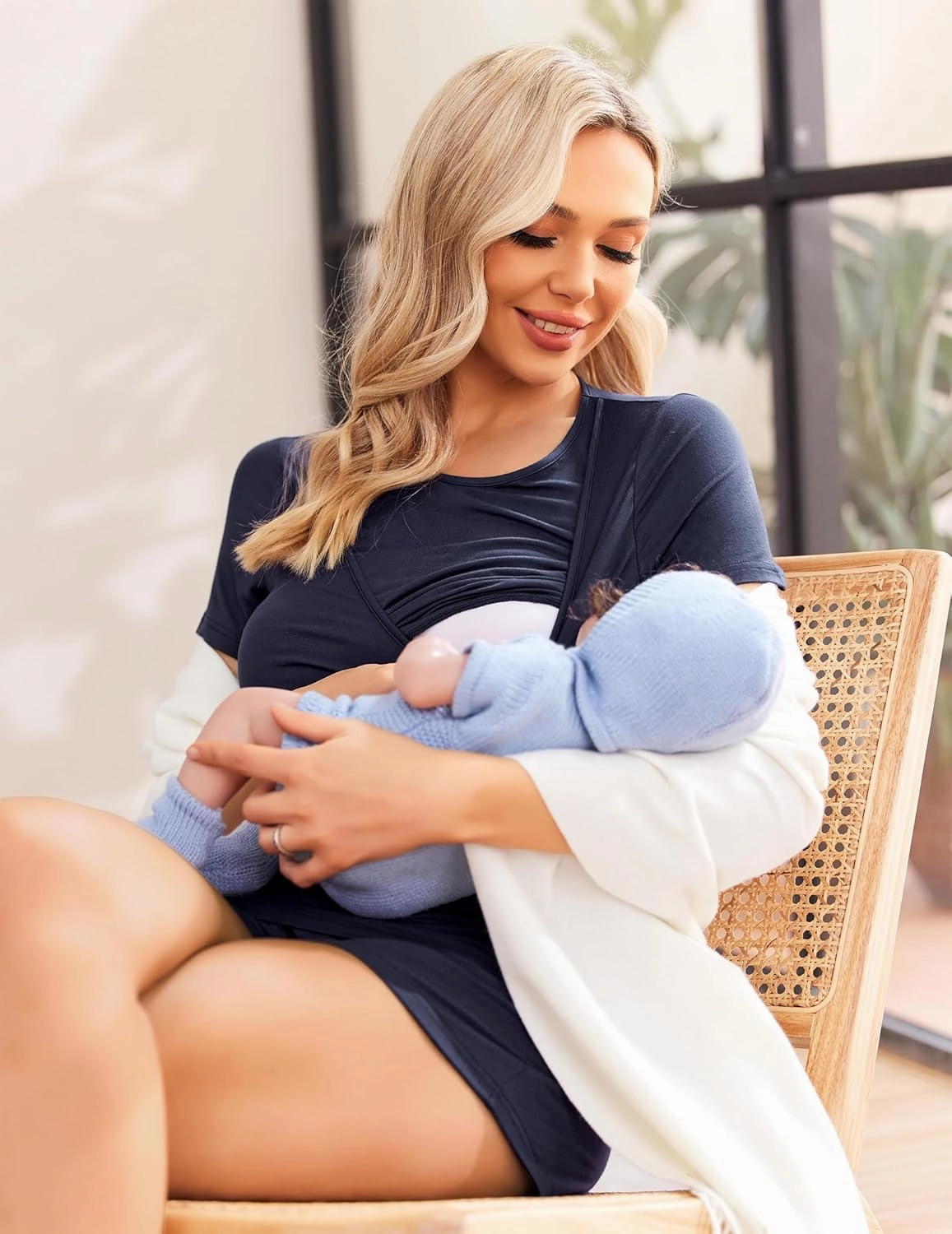 Ekouaer Maternity Nursing Pajamas Set Short Sleeve Breastfeeding Sleepwear Double Layer Postpartum Top and Shorts Set