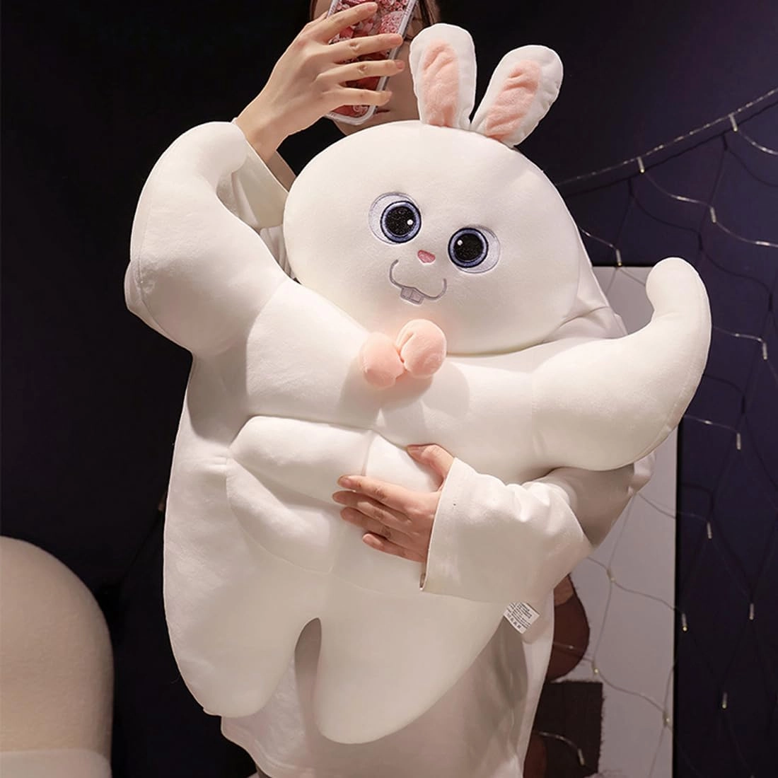 ELAINREN Ultra-Soft Muscle Rabbit Plush Pillow Lovely Muscle Bunny Stuffed Toy,Fluffy White Rabbit Plushie Dolls with Abs/17.7''