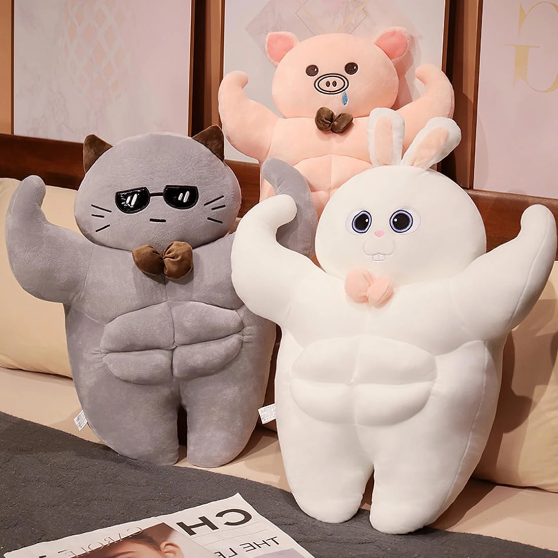 ELAINREN Ultra-Soft Muscle Rabbit Plush Pillow Lovely Muscle Bunny Stuffed Toy,Fluffy White Rabbit Plushie Dolls with Abs/17.7''