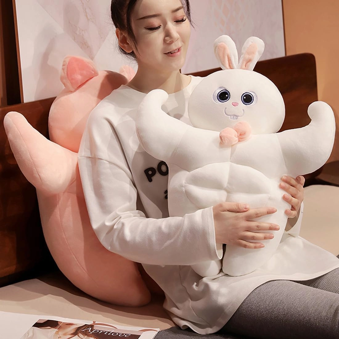 ELAINREN Ultra-Soft Muscle Rabbit Plush Pillow Lovely Muscle Bunny Stuffed Toy,Fluffy White Rabbit Plushie Dolls with Abs/17.7''