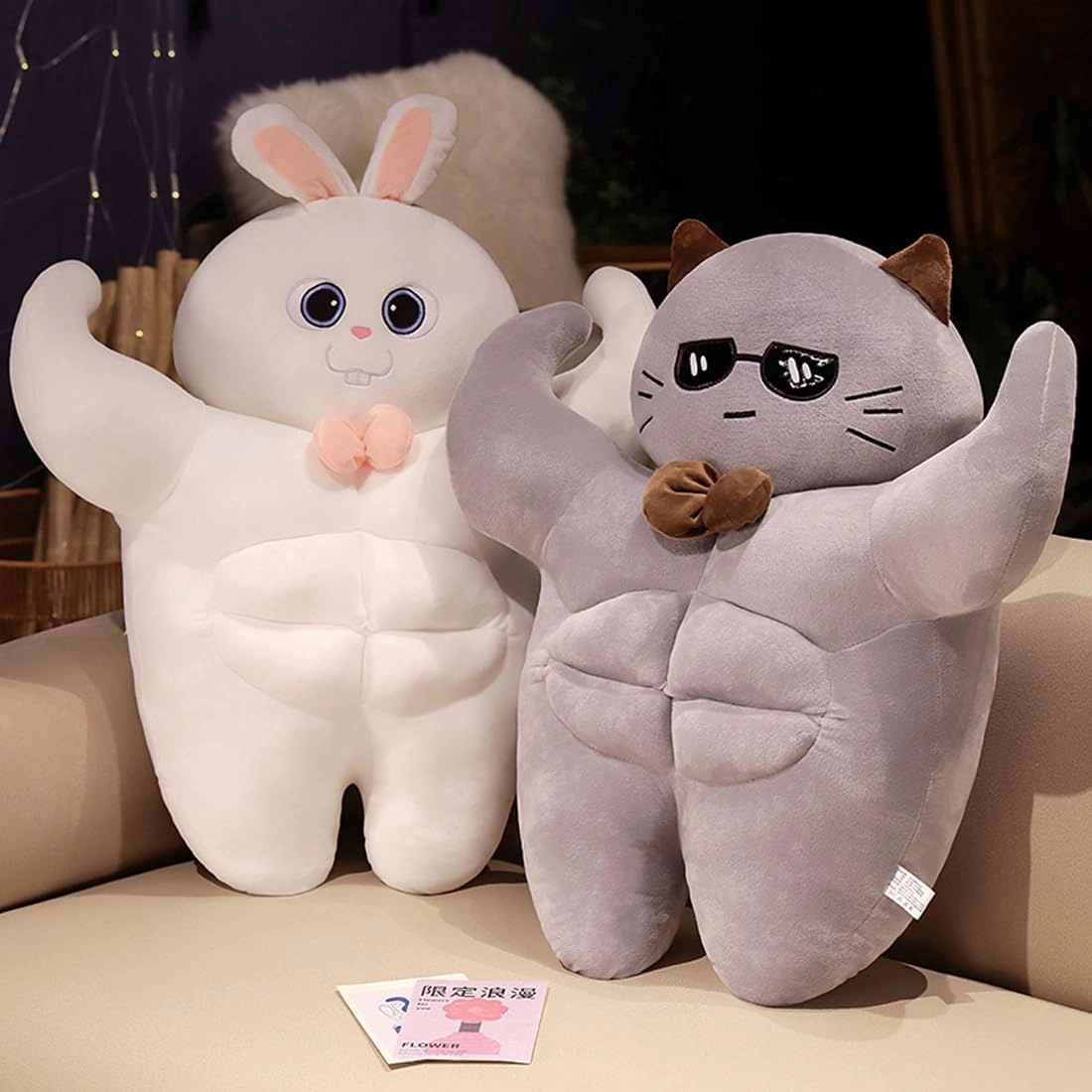 ELAINREN Ultra-Soft Muscle Rabbit Plush Pillow Lovely Muscle Bunny Stuffed Toy,Fluffy White Rabbit Plushie Dolls with Abs/17.7''