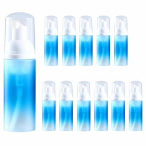 Empty 2 oz. Foam Pump Bottles (12 pcs.) Travel Foam Soap Dispenser for Hand Soap, Eyelash Shampoo Cleaner (Gradient Blue Bottle with White Pump and Clear Lid)