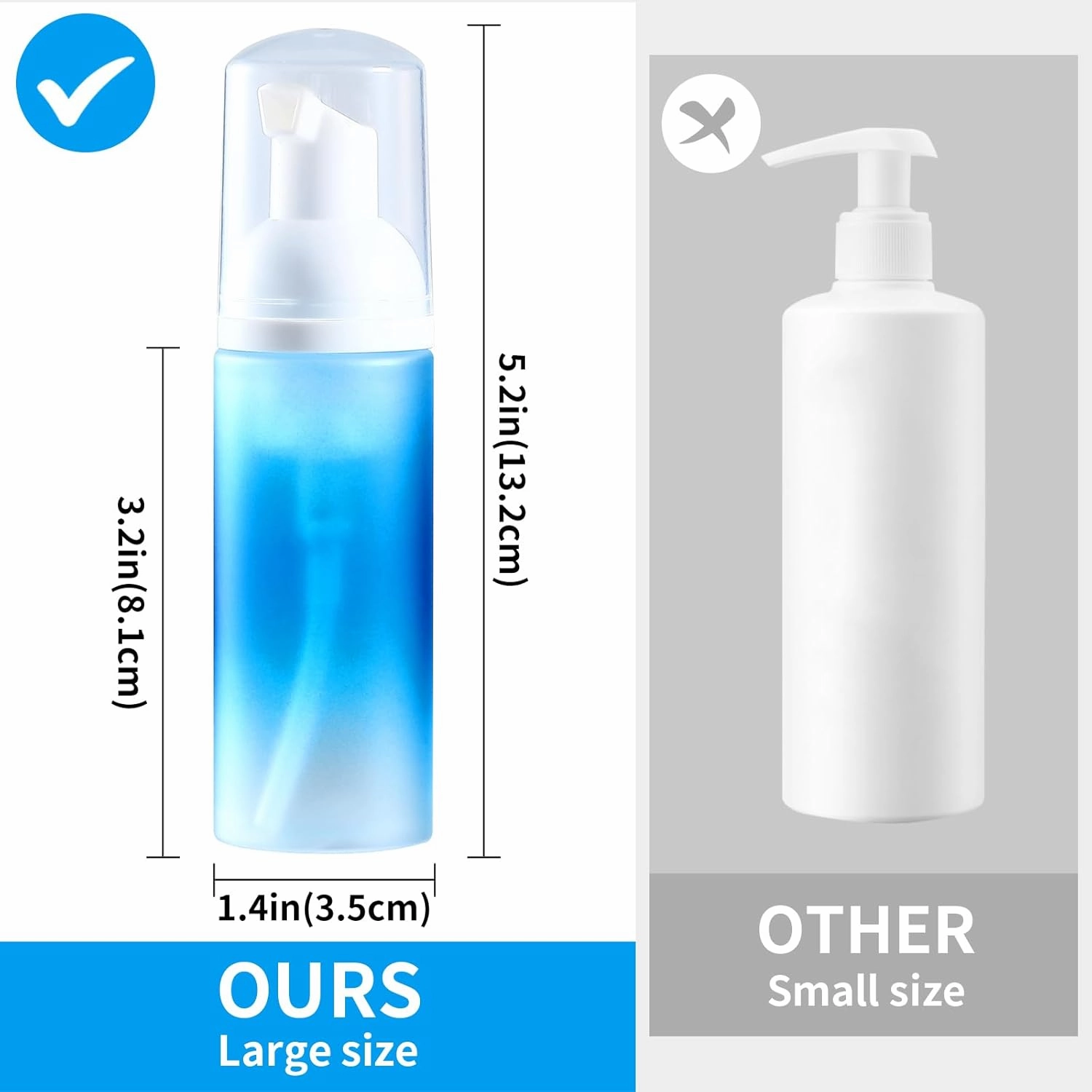 Empty 2 oz. Foam Pump Bottles (12 pcs.) Travel Foam Soap Dispenser for Hand Soap, Eyelash Shampoo Cleaner (Gradient Blue Bottle with White Pump and Clear Lid)