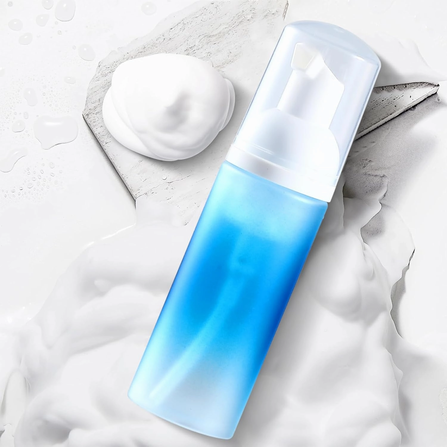 Empty 2 oz. Foam Pump Bottles (12 pcs.) Travel Foam Soap Dispenser for Hand Soap, Eyelash Shampoo Cleaner (Gradient Blue Bottle with White Pump and Clear Lid)
