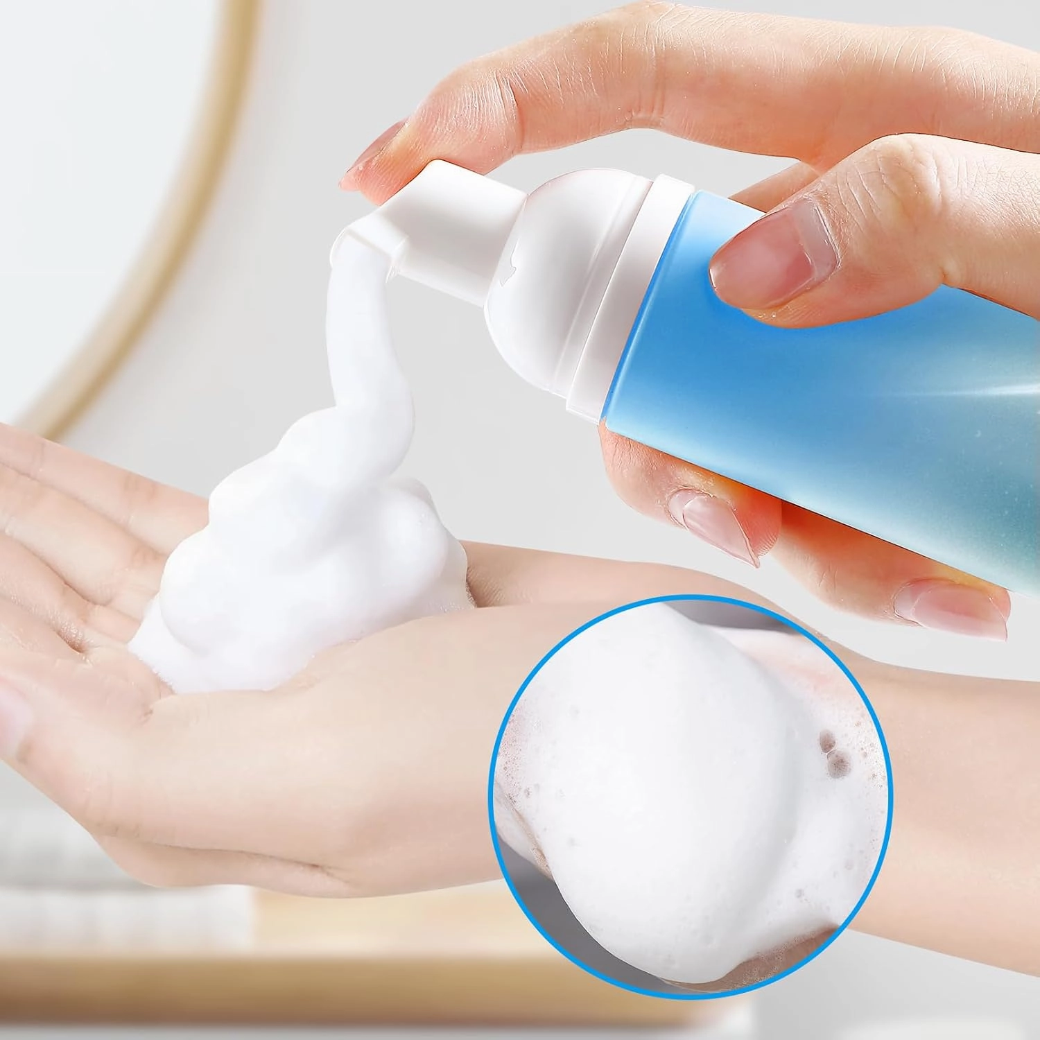 Empty 2 oz. Foam Pump Bottles (12 pcs.) Travel Foam Soap Dispenser for Hand Soap, Eyelash Shampoo Cleaner (Gradient Blue Bottle with White Pump and Clear Lid)