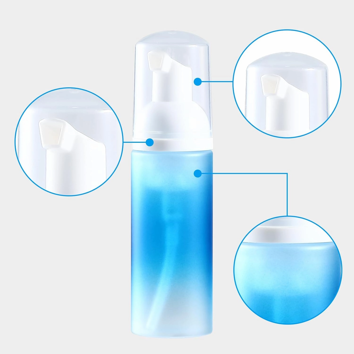 Empty 2 oz. Foam Pump Bottles (12 pcs.) Travel Foam Soap Dispenser for Hand Soap, Eyelash Shampoo Cleaner (Gradient Blue Bottle with White Pump and Clear Lid)