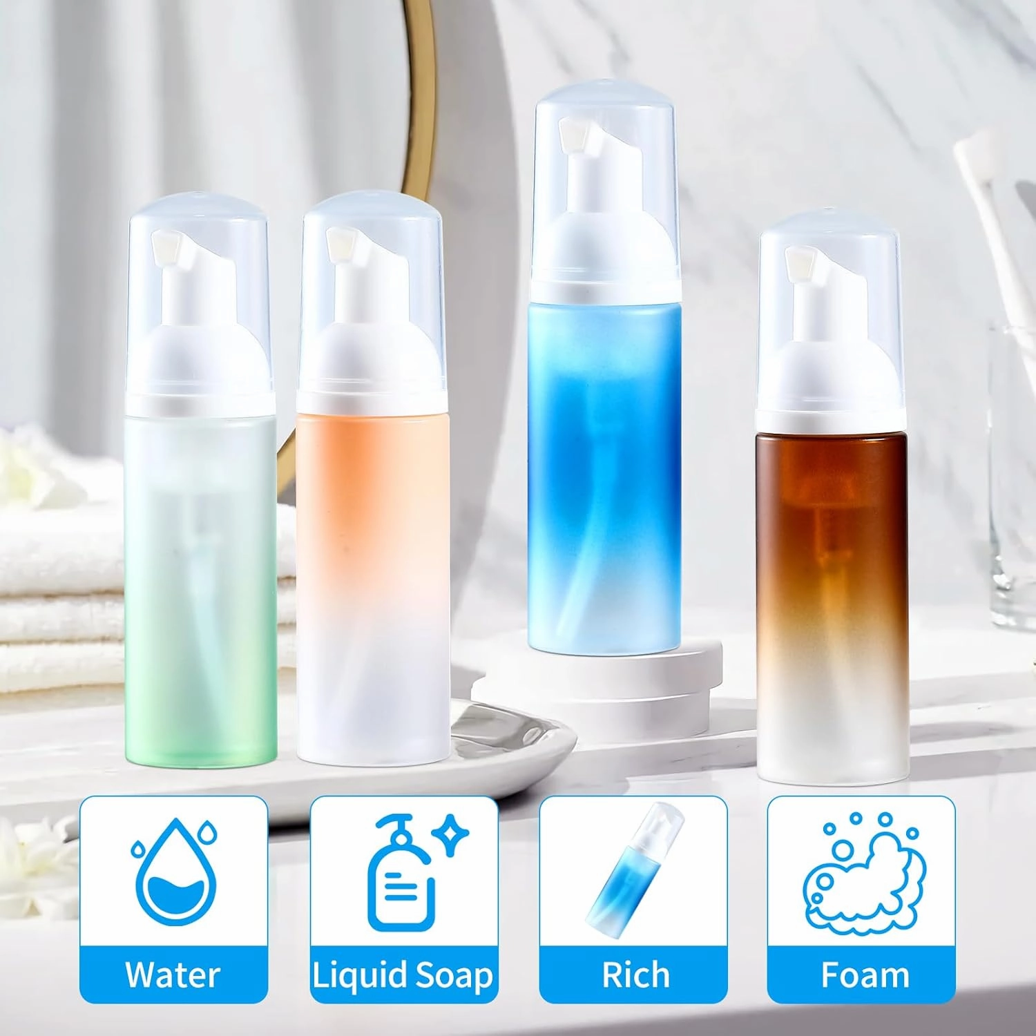 Empty 2 oz. Foam Pump Bottles (12 pcs.) Travel Foam Soap Dispenser for Hand Soap, Eyelash Shampoo Cleaner (Gradient Blue Bottle with White Pump and Clear Lid)