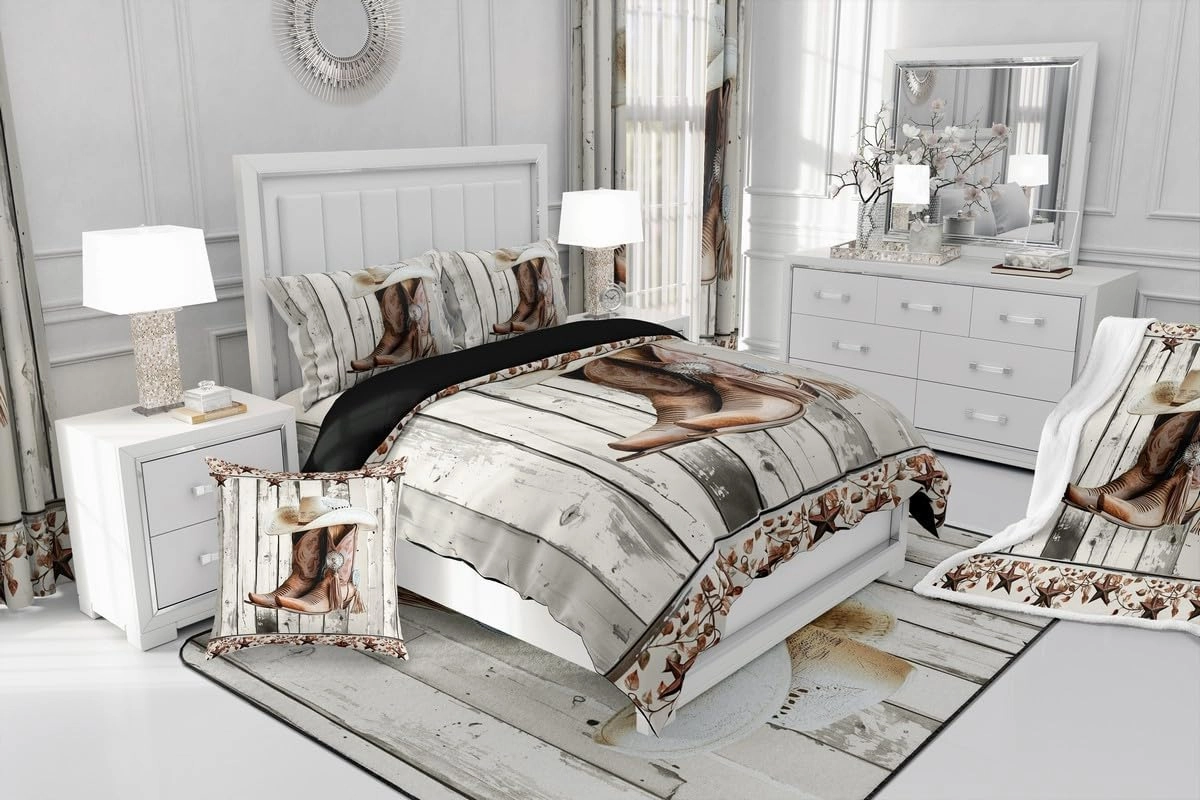 Erosebridal Western Texas Star Comforter Cover King Size, Rustic Horseshoe Duvet Cover Country Wooden Door Bedding Set for Kids Teens Adult Men Bedroom, Retro Cowboy Farmhouse Bed Set