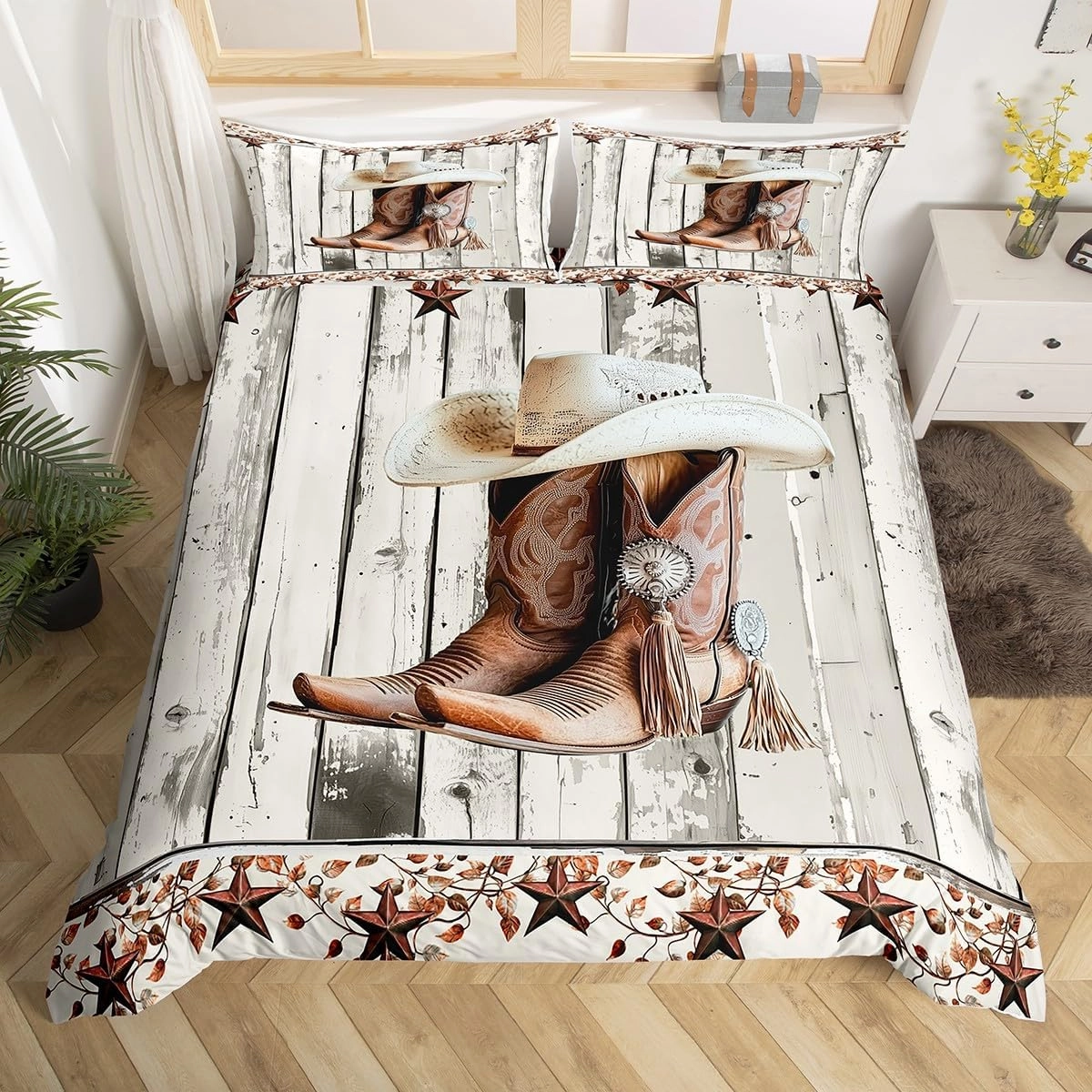 Erosebridal Western Texas Star Comforter Cover King Size, Rustic Horseshoe Duvet Cover Country Wooden Door Bedding Set for Kids Teens Adult Men Bedroom, Retro Cowboy Farmhouse Bed Set