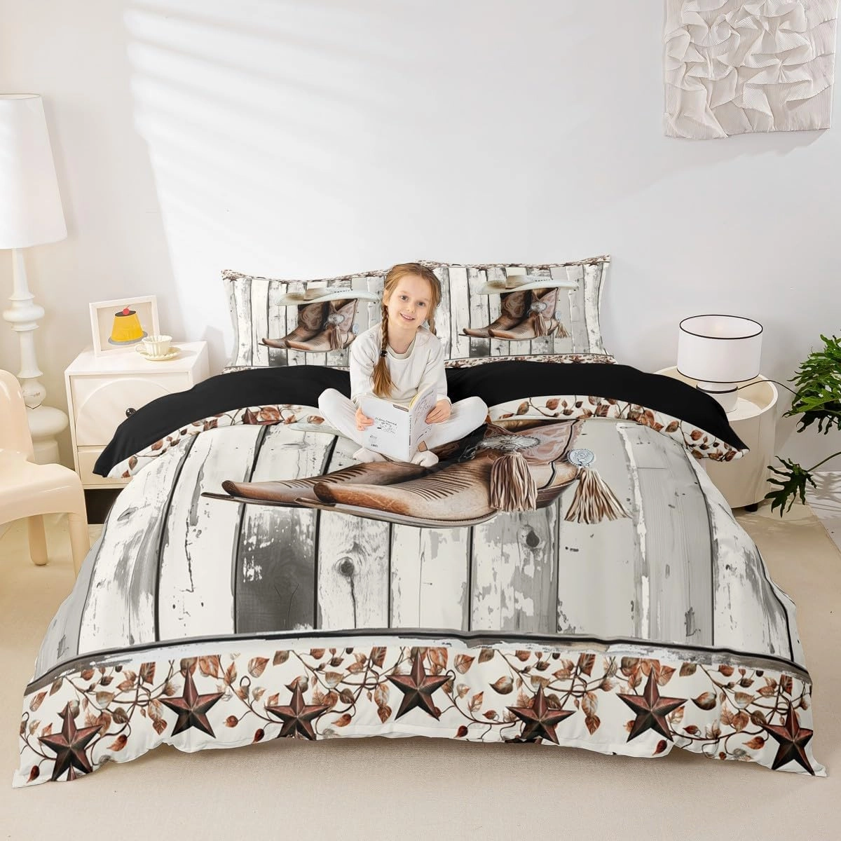 Erosebridal Western Texas Star Comforter Cover King Size, Rustic Horseshoe Duvet Cover Country Wooden Door Bedding Set for Kids Teens Adult Men Bedroom, Retro Cowboy Farmhouse Bed Set