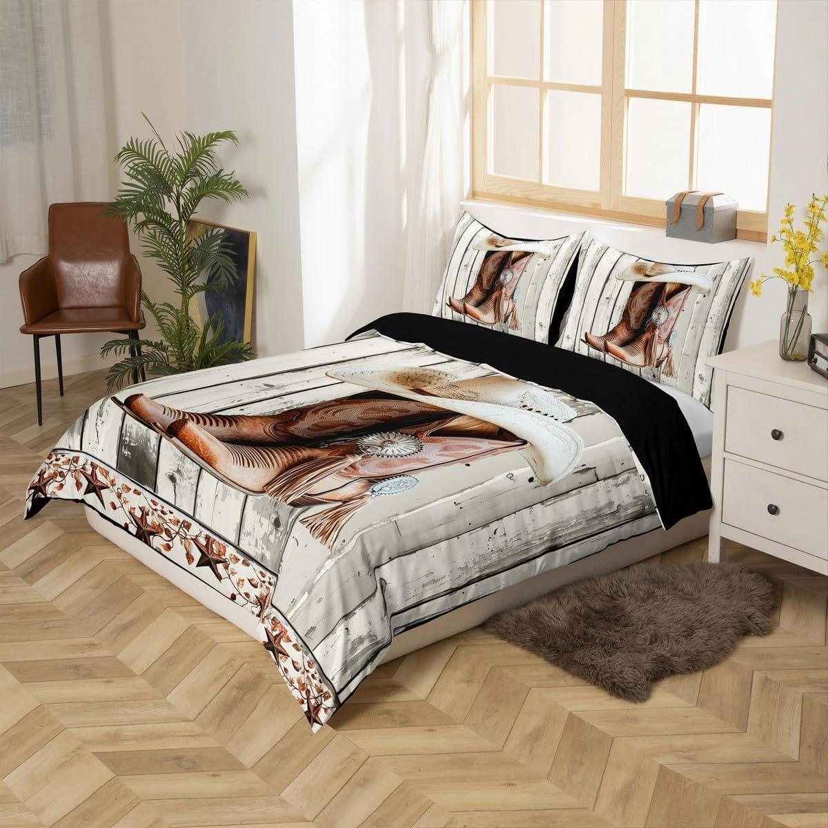 Erosebridal Western Texas Star Comforter Cover King Size, Rustic Horseshoe Duvet Cover Country Wooden Door Bedding Set for Kids Teens Adult Men Bedroom, Retro Cowboy Farmhouse Bed Set