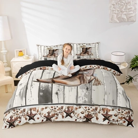 Erosebridal Western Texas Star Comforter Cover King Size, Rustic Horseshoe Duvet Cover Country Wooden Door Bedding Set for Kids Teens Adult Men Bedroom, Retro Cowboy Farmhouse Bed Set