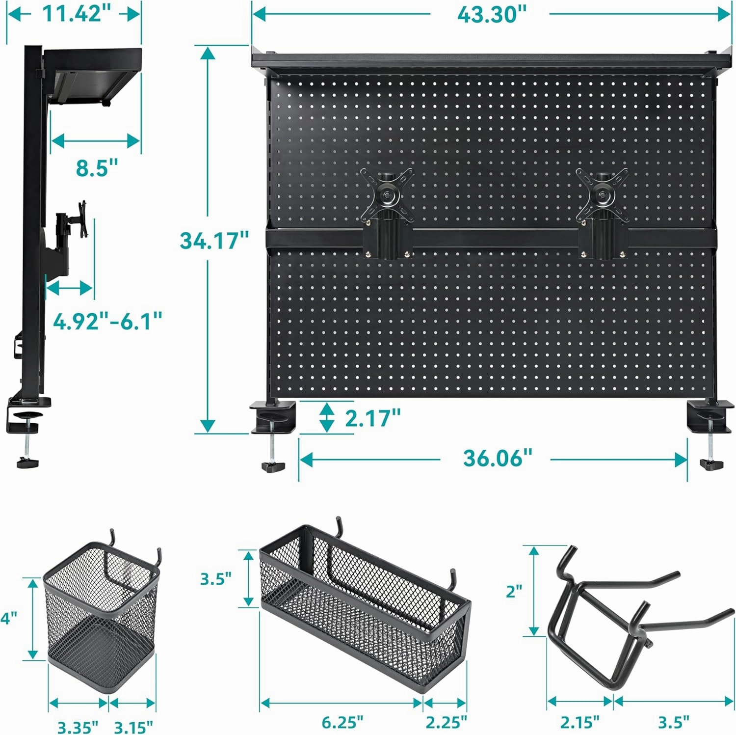 EUREKA ERGONOMIC Pegboard with Dual Monitor Stand,Steel Pegboard for Desk,Computer Accessories for Office, Privacy Panel for Gaming Desk, 4 Accessories Modular Hanging,43 x 34inch, Black