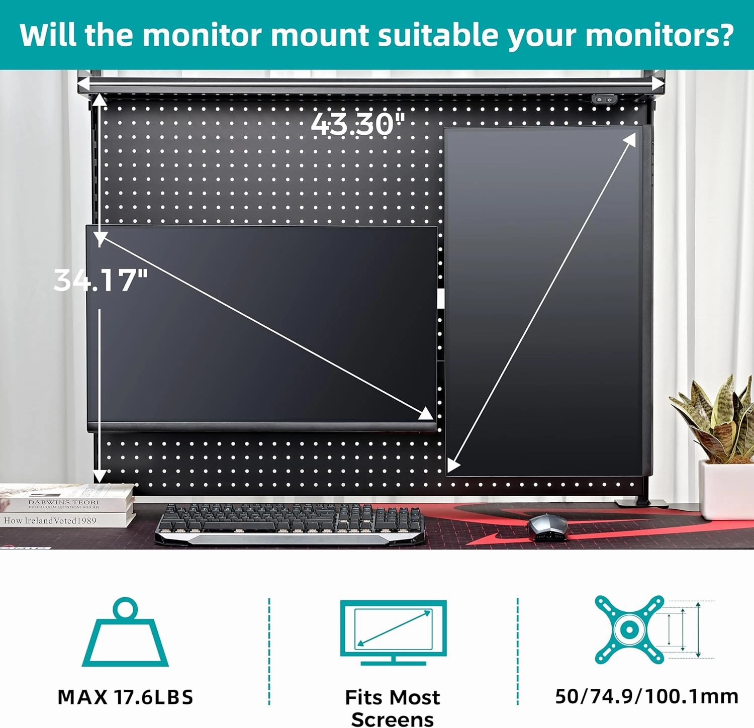 EUREKA ERGONOMIC Pegboard with Dual Monitor Stand,Steel Pegboard for Desk,Computer Accessories for Office, Privacy Panel for Gaming Desk, 4 Accessories Modular Hanging,43 x 34inch, Black